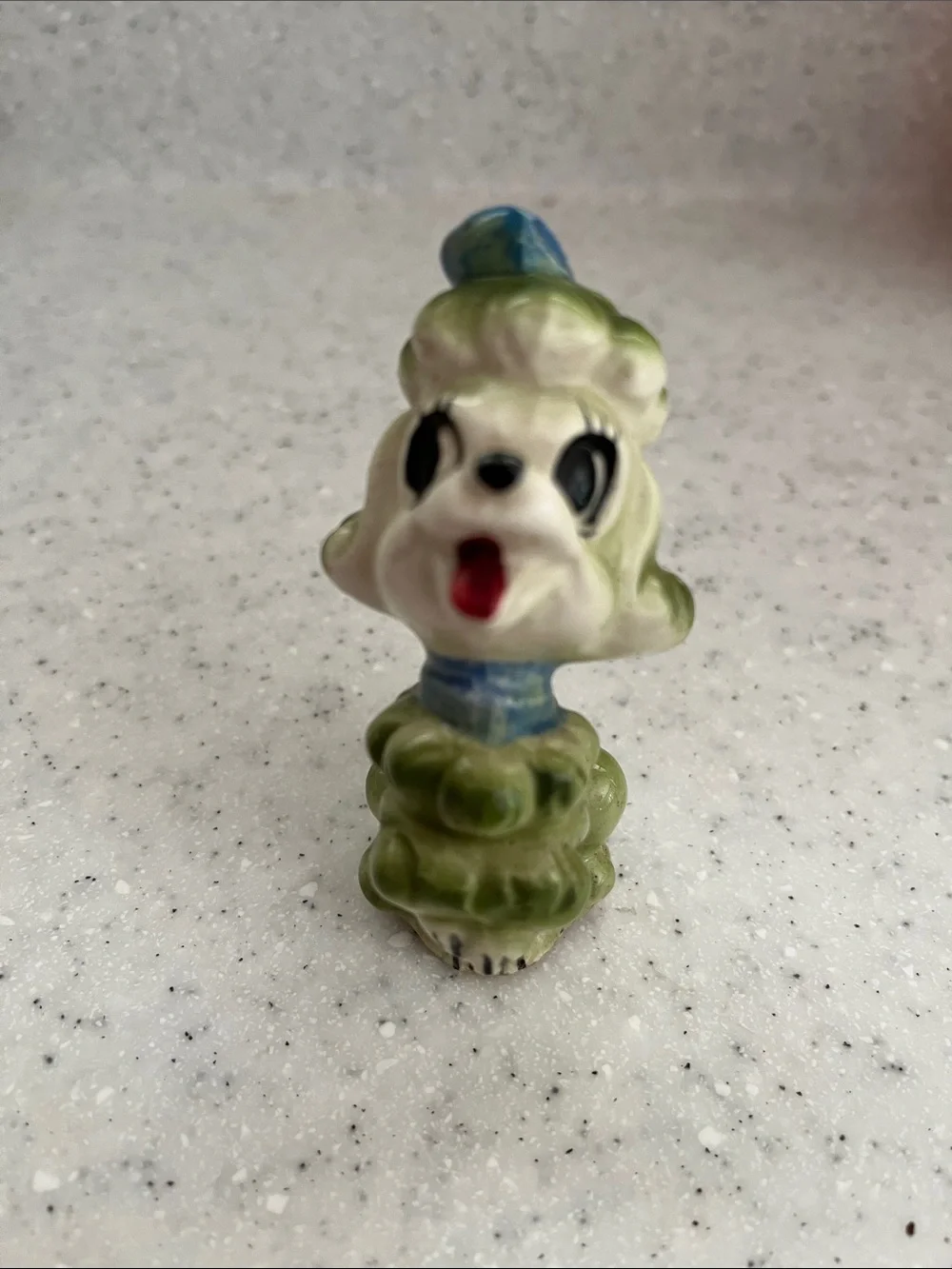 Anthropomorphic Ceramic POODLE Big Eyes Blue Bow Vtg Kitsch 50s Dog Figurine